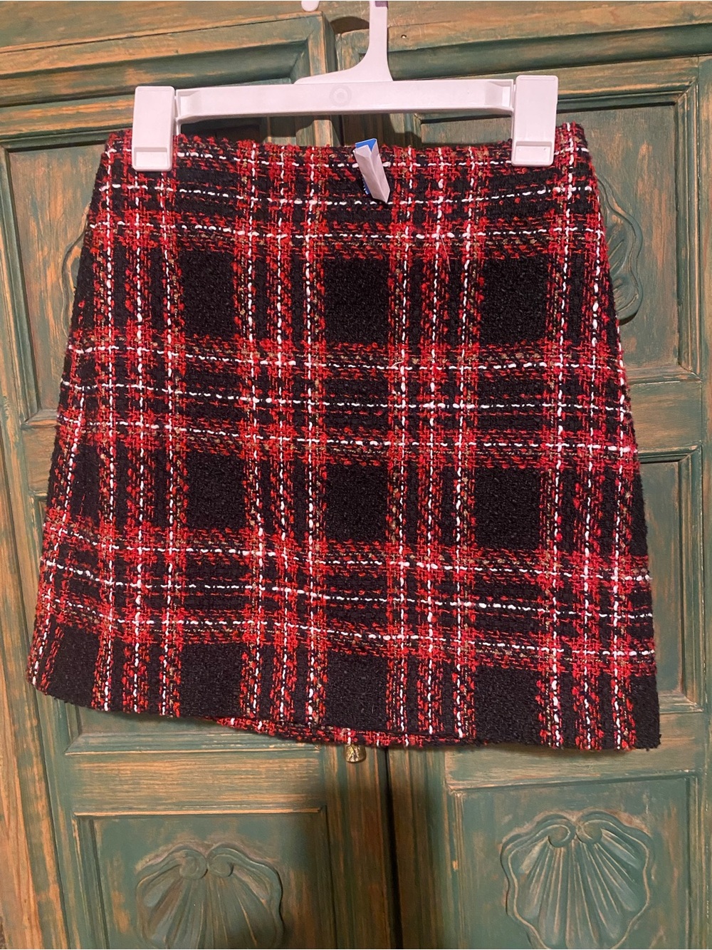LOFT Red & Black Plaid Tweed Mini Skirt